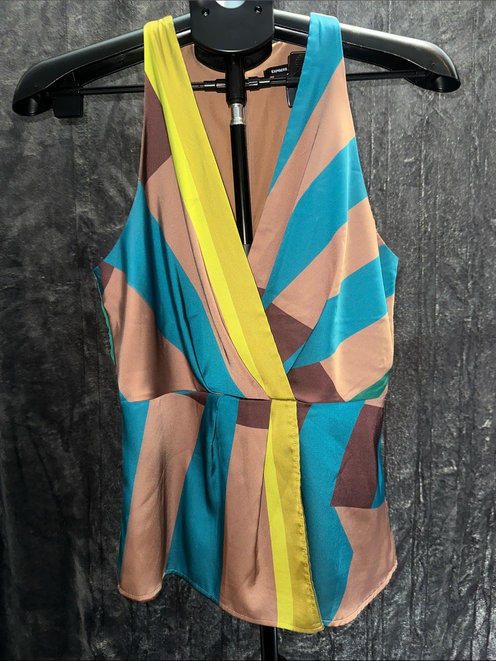Express Multicolor Geometric Wrap Tank - Teal, Beige, Brown & Yellow Trim